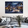 Kunstdruck auf Leinwand, verschneite Weihnachtsnacht, Straßenlandschaft, märchenhaft, für festliche Wanddekoration im Wohnzimmer