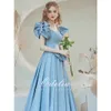 Blue Celebrity Dress Satin A Line Puff Sleeves Square Collar Pearl Bow Beading Pleated Princess Elegant Evening Party Prom Gown