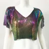 Women's TShirt Festival Women's Shirts Summer Glitter Sequins Short Sleeve V Neck Fashion Clubwear Night Party Rave Tank Tops Crop Tee TShirt 230410