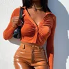 Women's Blouses Autumn Women Solid Color Blouse Ladies Turn-Down Collar Close-Fitting Long Sleeve Crop Tops Orange Blue Green Harajuku Y2k