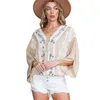 Blouses Femmes Khalee Yose Boho Dentelle Crochet Blouse Chemise Beige Printemps Automne Patchwork Tie Up Manches Longues Femmes Dames Lâche Top