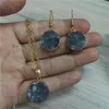 Necklace Earrings Set 2023 Natural Round Gray Grey Druzy Semi-precious Stone Charms Gold Color Frame Earring 18 Inches Women Daily Jewelry