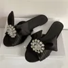 Luxury Satin Pleated Butterfly-Knot Lady Mules Sandals Sexy Open Toe Crystal Rhinestone Buckle Decor Flat Heel Slippers Women
