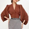 Kvinnors blusar 2023 Vintage Women Shirt Court Style V Neck Blusas Female Elegant Lantern LongeChes Tunics Slim Sexy Crop Top