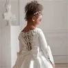 Girl Dresses Ivory White Satin Flower Dress Crystal Long Sleeve Trail Wedding Elegant Child Birthday Party Evening Ball Gowns