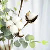 Flores decorativas 1 peça de folha de eucalipto ramo de algodão 4 cabeças buquê de simulação de flores secas para casa decoração de mesa falsa
