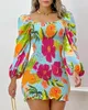 Casual Dresses for Women 2023 Spring Fashion Tropical Print Puff Sleeve Square Neck Long Daily Mini Shirred Dress