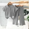 S Girls 'Summer Children's Short Sleeved Polo Shirt Wide Leg Pants 2st Set Baby Casual Wear Fashionable Pit Stripe Set 230410