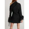 Casual Dresses 2023 Spring Design Women Pink One Shoulder Feather-trimmad Evening Dwear BodyCon Party Mini Dress