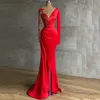 Festklänningar Röd satin sjöjungfru aftonklänningsklänningar Långa ärmar Pärlstenar V Neck Elegant Formal Prom