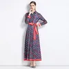 Camisa estampada vintage Vestido largo Manga completa Elegante Diseñador de pasarela Botón de solapa con cordones Arco Maxi 2023 Oficina para mujer Vestidos de fiesta de cóctel delgados