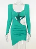 Casual Dresses Mozion Autumn Diamond Chain Hollow Full Sleeve Mini Womens Fashion Green Axless Ruffled Vestido 230410