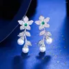 Boucles d'oreilles BeaQueen Chic perle bijoux brillant fleur feuille Micro pavé cubique zircone goutte pour les femmes Banquet dîner fête E645