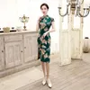 Ethnic Clothing 5XL Sexy Satin Silk Classic Women Chinese Dress Red Green Flower Print Cheongsam Vestido Elegant Water Drops Collar Qipao