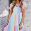 Freizeitkleider V-Ausschnitt Mode Streifen Farbe Puzzle Fan Sie Sexy Kleid Sommerhemd Langarm