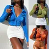 Women's Blouses Autumn Women Solid Color Blouse Ladies Turn-Down Collar Close-Fitting Long Sleeve Crop Tops Orange Blue Green Harajuku Y2k