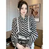 Women's Blouses Fashion Stand Collar Spliced Houndstooth Shirts Clothing 2023 Autumn Winter Loose Korean Tops Butterfly Sleeve