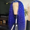 Brasiliansk hårblå färg lockigt mänskligt hår peruk med föregångad hårfäste lyslösa syntetiska spets framspetsar stängning peruker