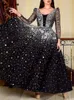 Dot Sequins Dresses for Women New Fashion Elegant O Neck Long Sleeve Vintage Chic Slim Zipper Evening Dress