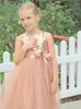 Flickaklänningar Flower Champagne Tulle Puffy Heart Cutout Sequin Top med Bow Belt ärmlös för Weding Birthday Princess Dress