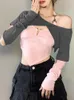 T-shirts pour femmes printemps Vintage Patchwork à manches longues haut court T-shirt femmes Y2k mode licou t-shirts Harajuku Grunge Slim-fit Tee