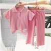 S Girls 'Summer Children's Short Sleeved Polo Shirt Wide Leg Pants 2st Set Baby Casual Wear Fashionable Pit Stripe Set 230410
