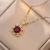 Necklace Earrings Set Cushion Cut Red Stone Square Stud Ring Pendants Clavicle Necklaces For Women Gold Color Zircon Bridal Gift