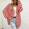 Tricots pour femmes Noël Femmes Rouge Blanc Colorblock Rayé Pull Tricoté Automne Mode Col En V Côtelé Cardigans Lâches Pour Quotidien Ou Fête