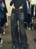 Jeans femininos houzhou vintage preto perna larga jeans mulheres oversized high street coreano moda baggy denim calças grunge y2k feminino hip hop 231109