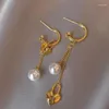 Stud Earrings MADALENA SARARA 18K Yellow Gold Women Pearl Long Chain Heart Charm Dangle High Quality