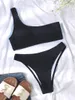 Kvinnors badkläder Kvinnor Ribbed Solid Bikini Swimsuit One Shoulder High midje Set 2023 Sexig brasiliansk kvinnlig strandkläder Biquiniwomen's