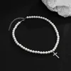 Pendant Necklaces Imitation Pearl Bead Chains Shiny Rhinestone Cross Pendants Men Trendy Beaded Short Choker Collar 2023 Fashion Jewelry