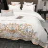 Ensembles de literie ensemble de broderie dorée de luxe coton égyptien blanc housse de couette Super douce drap de lit plat/ajusté taies d'oreiller