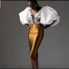 Robes de bal gaine longueur genou sud-africain avec manches bouffantes pure col en V profond robe de soirée cocktail courte sexy pour les femmes 2023 blanc et or tenue spéciale