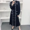 Robes décontractées Coréen Chic Automne Vintage Contraste Couleur Robe à col rabattu à double boutonnage à manches longues Robe plissée 2023 Lâche RobeC