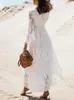 Robes de soirée dentelle Maxi Robe femmes été plage vacances blanc mariage dames rétro col en V longue Boho robe d'été Robe Longue
