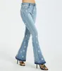 Jeans femininos elástico flor bordado flare mulheres vintage magro primavera outono denim calças mulheres estilo retro sino inferior