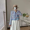 Damesjassen EENK Tweed blauw en wit geruit kort jasje Topjas 2023 Koreaanse versie van streetwear