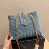 Designer Loulou Väska Lyx Kvinnor Axelväskor Handväska Blå Denim Bucket Bag Resor Shopping Ficka Handväska Metall Bokstav Dekoration Magnetisk Snap Stängning