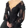 Black Vintage style Gothic floral modest wedding dress 3D flower tulle lace train alternative bride dress