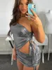 Arbetsklänningar bangniweigou rave silver pvc faux läder mini kjol set ruched tie-up crop top och split klänning kvinnor matchande kostym