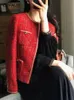 Kadın Yün Karışımları Cjfhje Kırmızı Tweed Blazers Kadın Sonbahar Kış Kış Gevşek O yaka tek göğüslü takım elbise ceket kadın Kore tarzı zarif bayan katlar 231109
