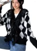 Tricots pour femmes Gagaok Pulls Dentelle Couture Tricot Noir Blanc Plaid Cardigan Pull Femmes Col V Lâche Polyvalent Plein Automne Survêtement Top