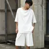 Hommes t-shirts hommes coton lin 2 pièces ensemble (t-shirt Shorts) homme Streetwear Hip Hop chemise décontractée large jambe Shorts blanc noir t-shirts