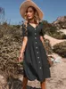 Casual jurken Jim Nora dames V-hals knop Down Casual MIDI-jurk A-lijn A-lijn korte mouwen Solid Summer Dress 230410