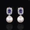 Orecchini pendenti GEM'S BALLET Luxury Vintage Imitazione Perla Goccia Argento sterling Tanzanite CZ Dichiarazione floreale