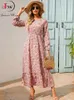 Casual Dresses Womens Elegant Flower Print Long Springsummer Leisure Oneck Sleeve Unique High Waist Aline Beach 230410