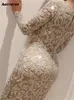 여성을위한 스팽글 새로운 패션 우아한 세련된 이브닝 드레스 빈티지 긴 소매 하이 허리 스키니 드레스