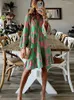 Elegancka sukienka z nadrukiem Boho damska dekolt w serek Flare Sleeve Casual luźna sukienka trapezowa wiosenna damska koszula wakacyjna sukienki Vestidos