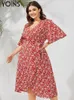 Plus size Dresses YOINS Size Bohemian Floral Print Midi Dress 2023 Summer Women Short Sleeve Party Vestidos V Neck Casual Wrap Slit Long Robe 230410